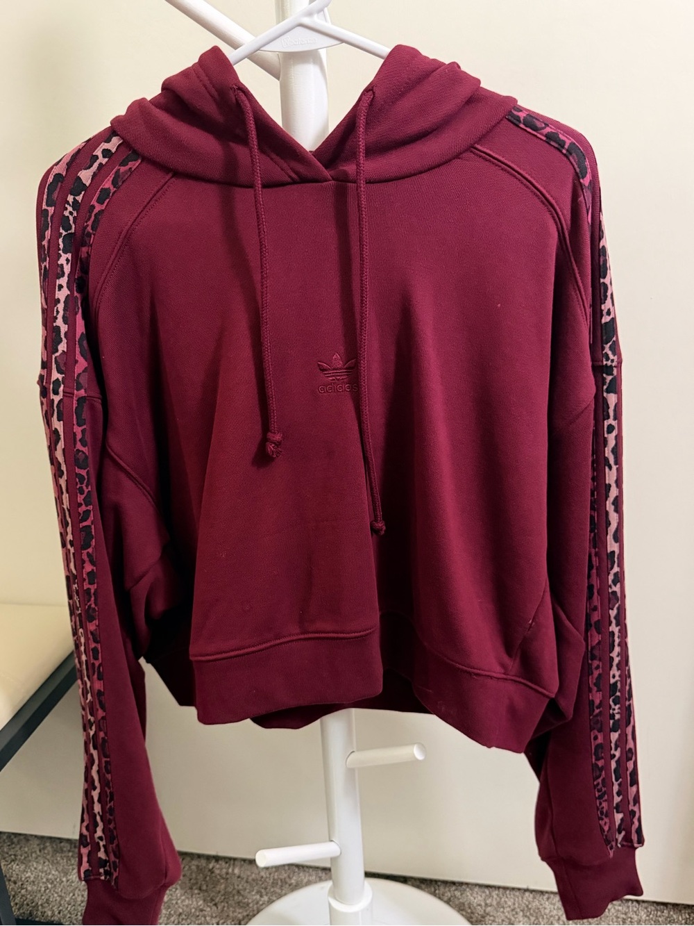 adidas Women's Burgundy Hooded Sweatshirt with Leopard-Striped Sleeves